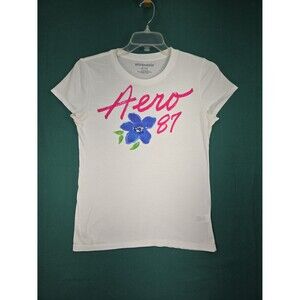 Aeropostale Aero 87 Graphic T-Shirt Women's XL White Blue Flower Pink Cotton